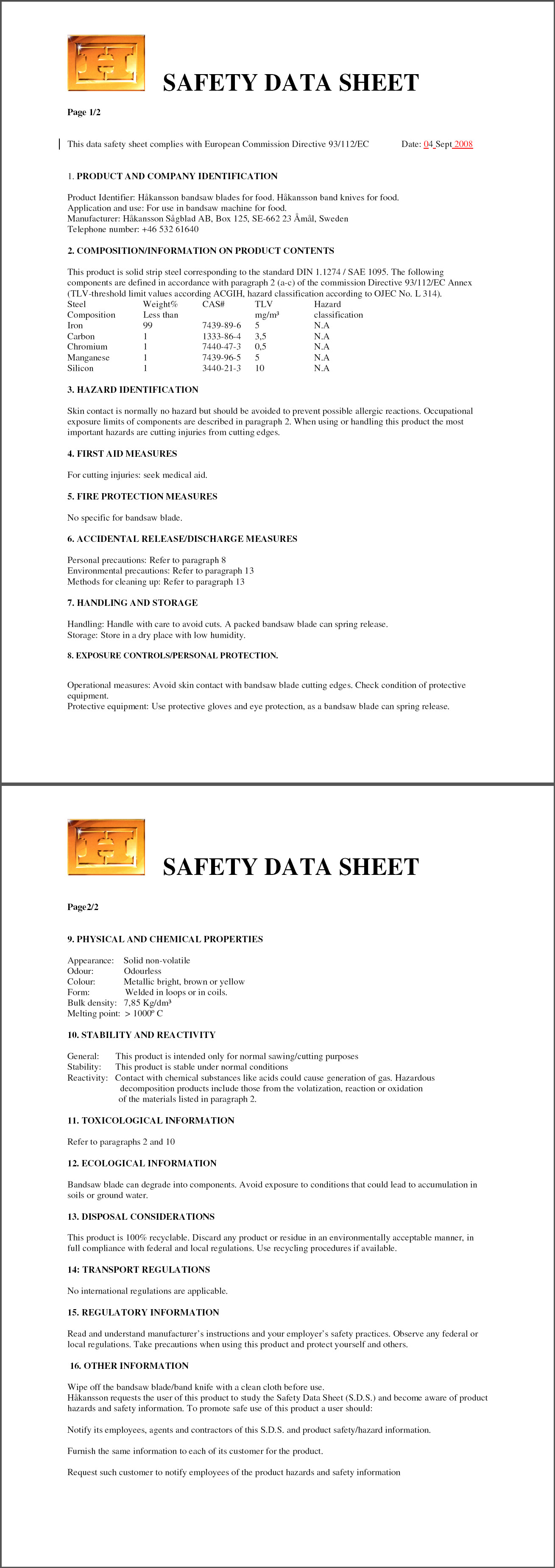ใบรับรอง HAKANSSON Safety data sheet for food Primecut blade (HAKANSSON)
