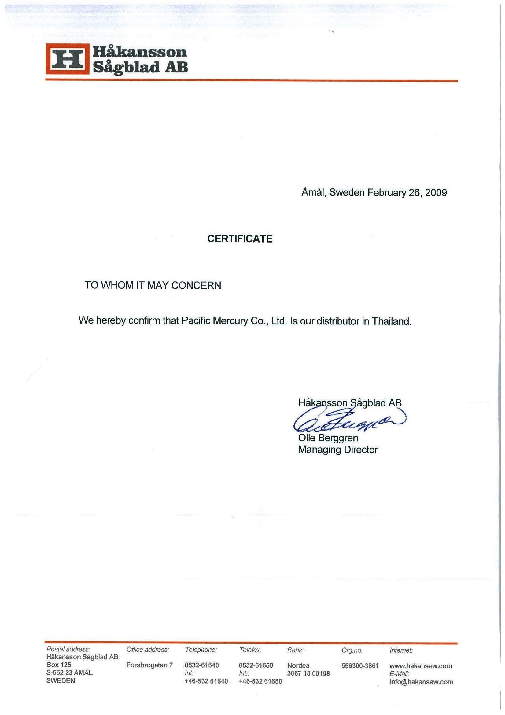 ใบรับรอง HAKANSSON agent certify (HAKANSSON)