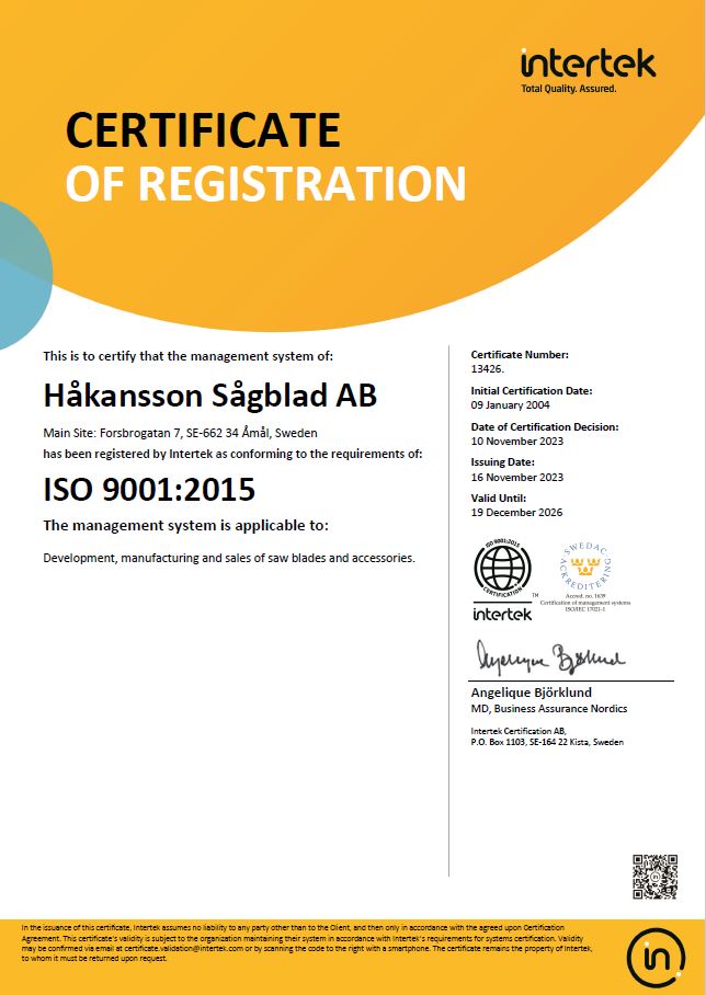 ใบรับรอง HAKANSSON ISO9001 saw blade (HAKANSSON)