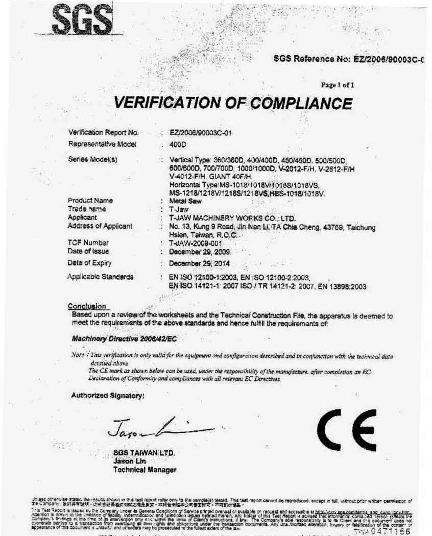 ใบรับรอง T-Jaw CE2 verify Vertical band saw machine (T-JAW)