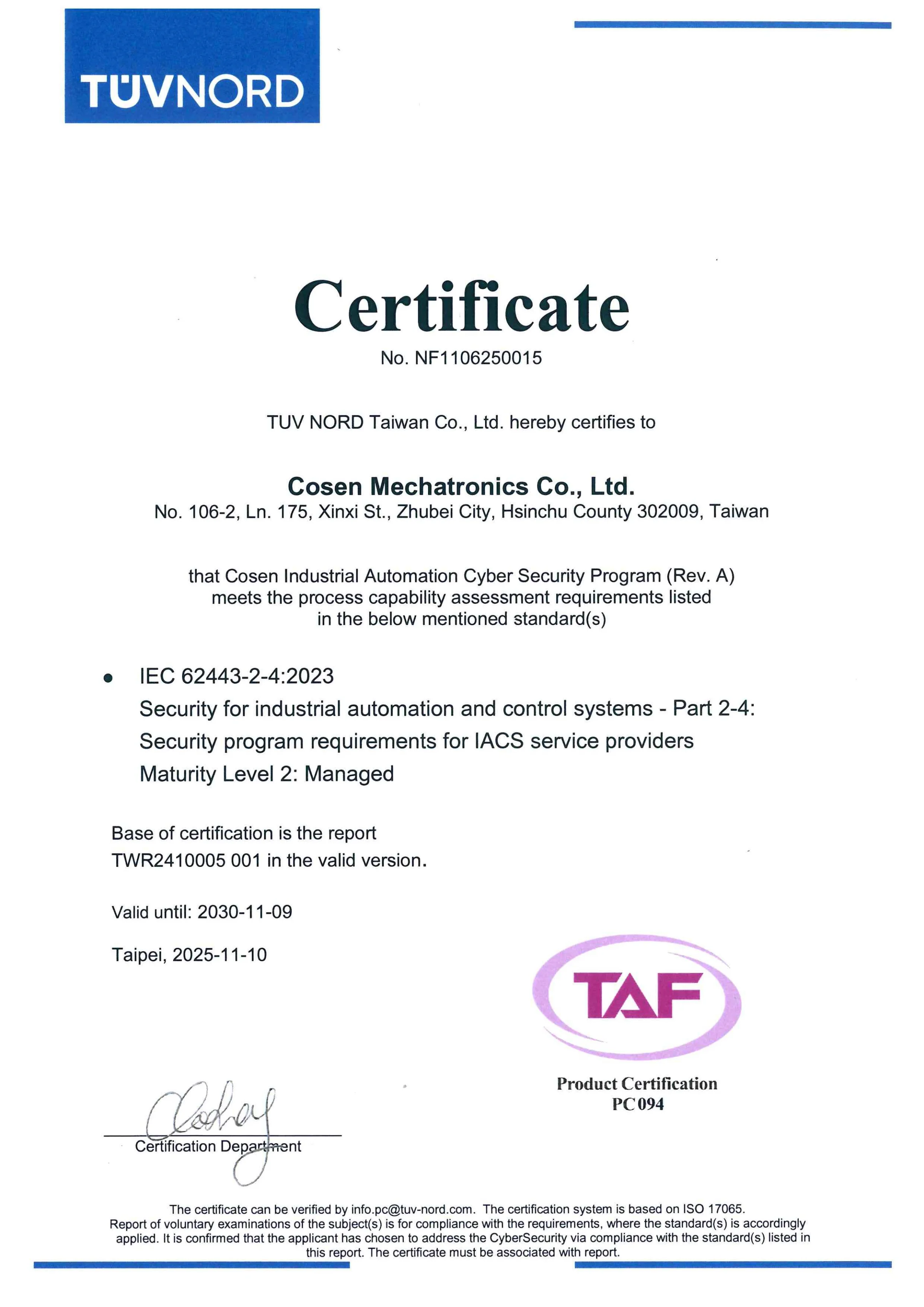 ใบรับรอง IEC 62443-2-4:2023 Cosen Mechatronics (COSEN)